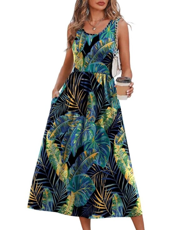 Dresses & Skirts - Women Blue Print Casual Midi Dress Sleeveless Pockets Beach Vacation Sundresses